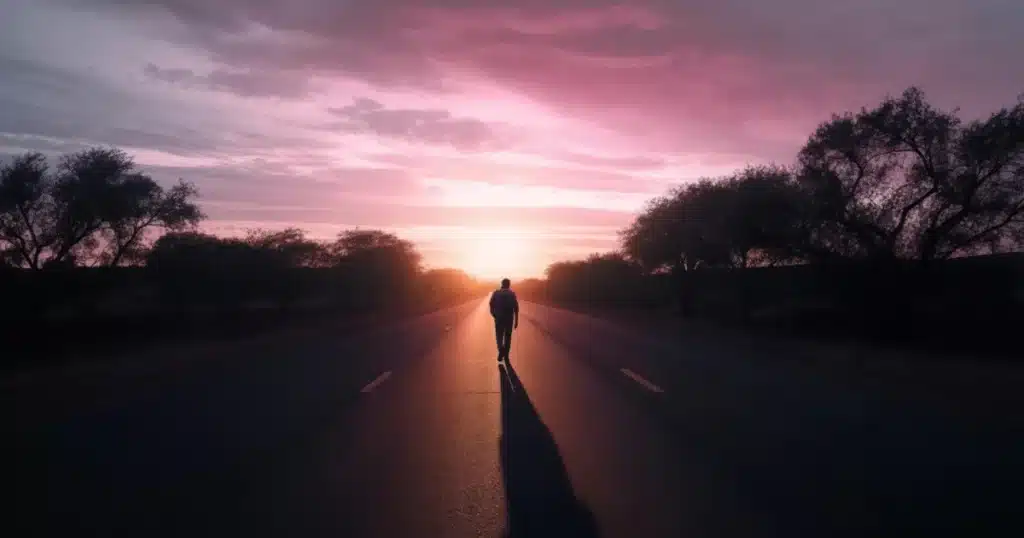 Person walking towards a sunset