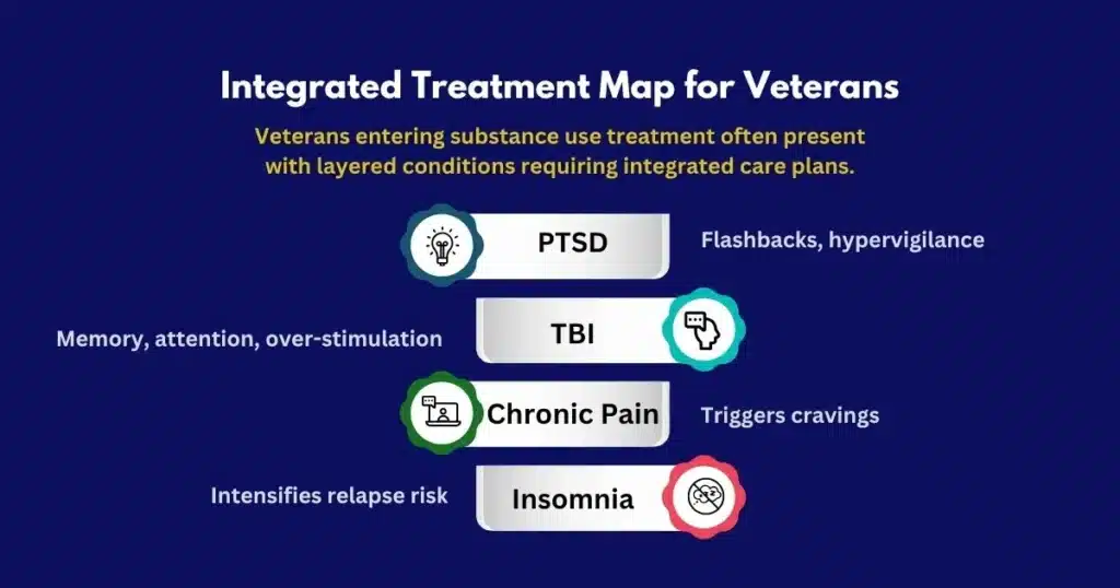 Visual breakdown of integrated treatment for PTSD, TBI, pain, and sleep disturbance in veterans