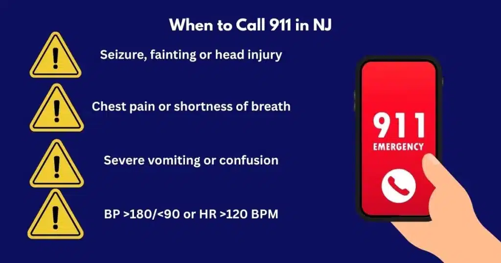Emergency detox warning graphic listing symptoms that require calling 911 in New Jersey