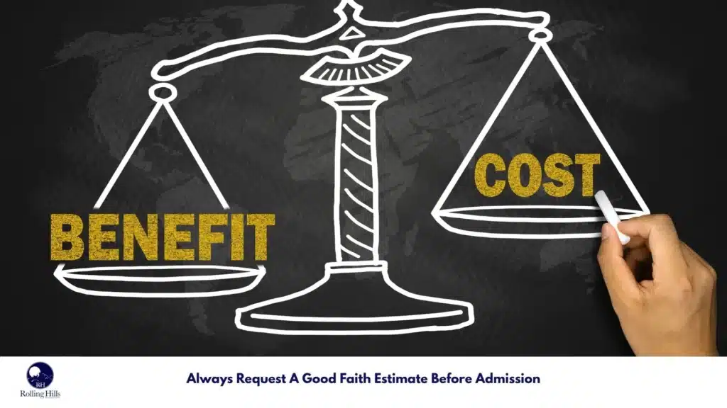 Cost comparison chart showing average price ranges for addiction treatment in New Jerseyby level of care, overlaid on a photo of a patient reviewing insurance documents.