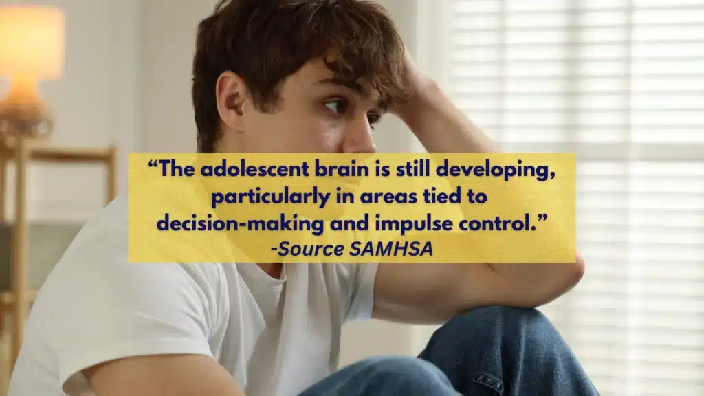 Stock photo of a teen with overlays showing brain development and alcohol icons, representing early drinking risks.