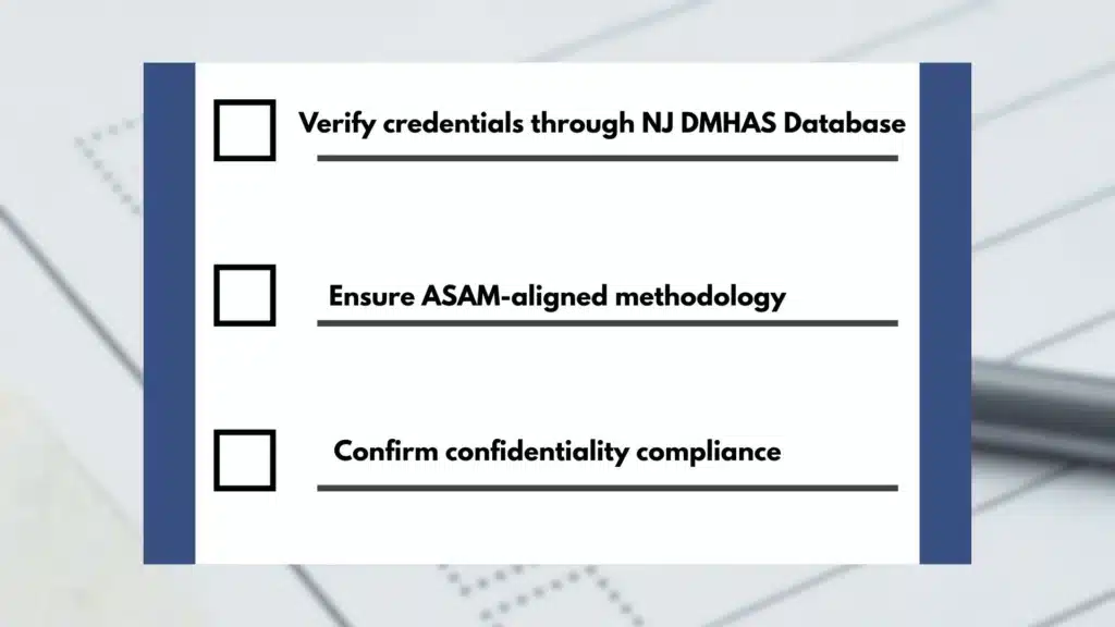 Checklist graphic showing how to verify licensed evaluators for chemical dependency assessments in New Jersey.
