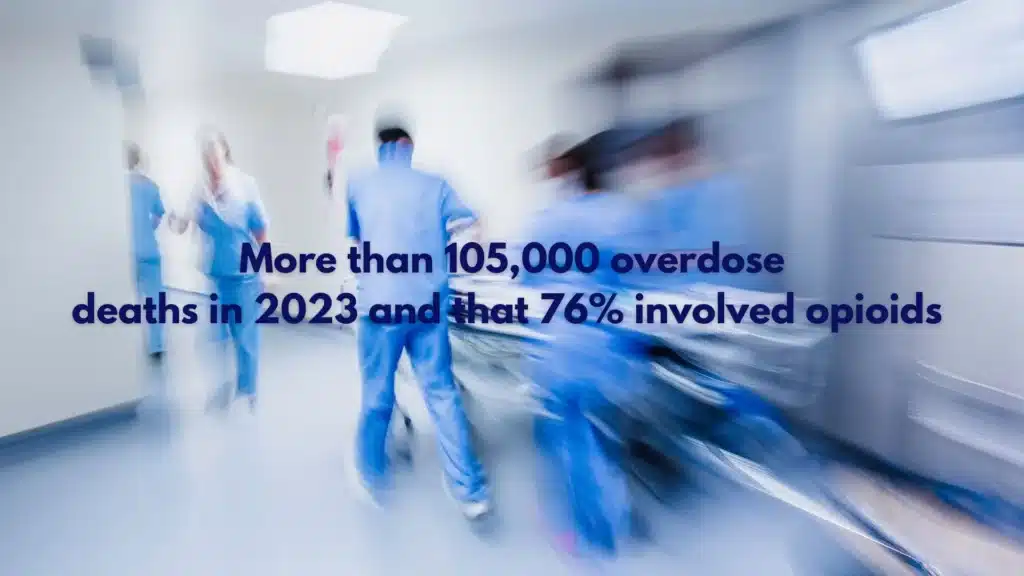 Stock photo of emergency response with overlay text showing more than 105,000 overdose deaths in 2023 and that 76% involved opioids.