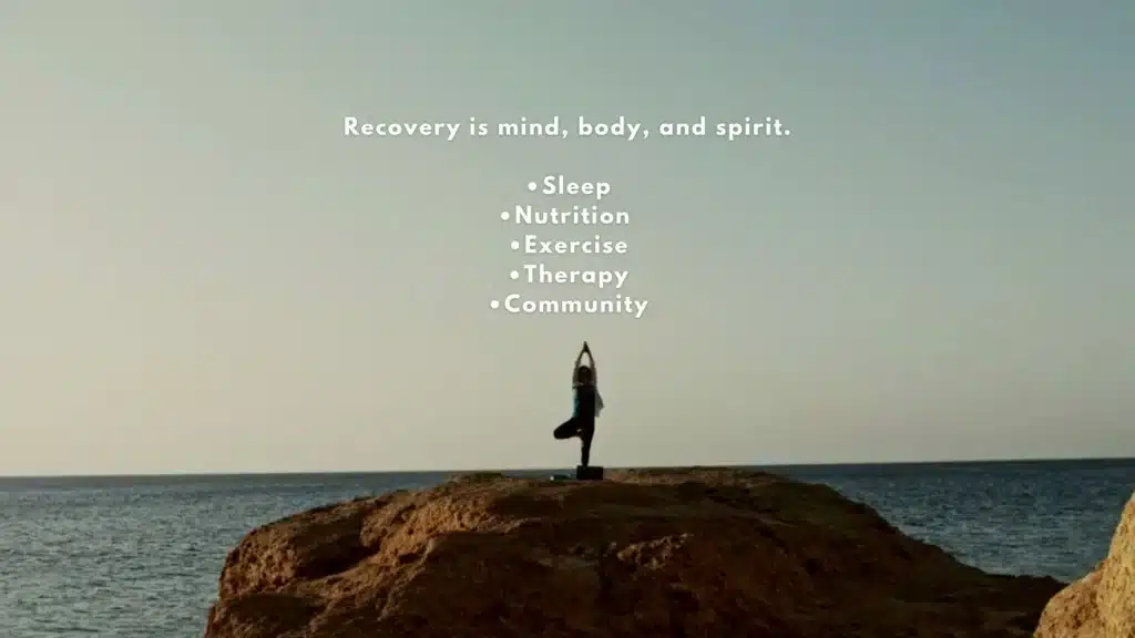 Photo collage showing holistic addiction recovery including mindfulness, exercise, sleep, and nutrition practices in New Jersey addiction treatment programs.