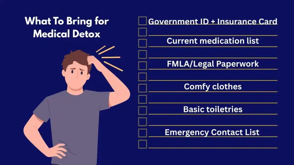 Illustrated packing list for entering medical detox, including ID, medication list, clothing, phone charger, and legal forms.