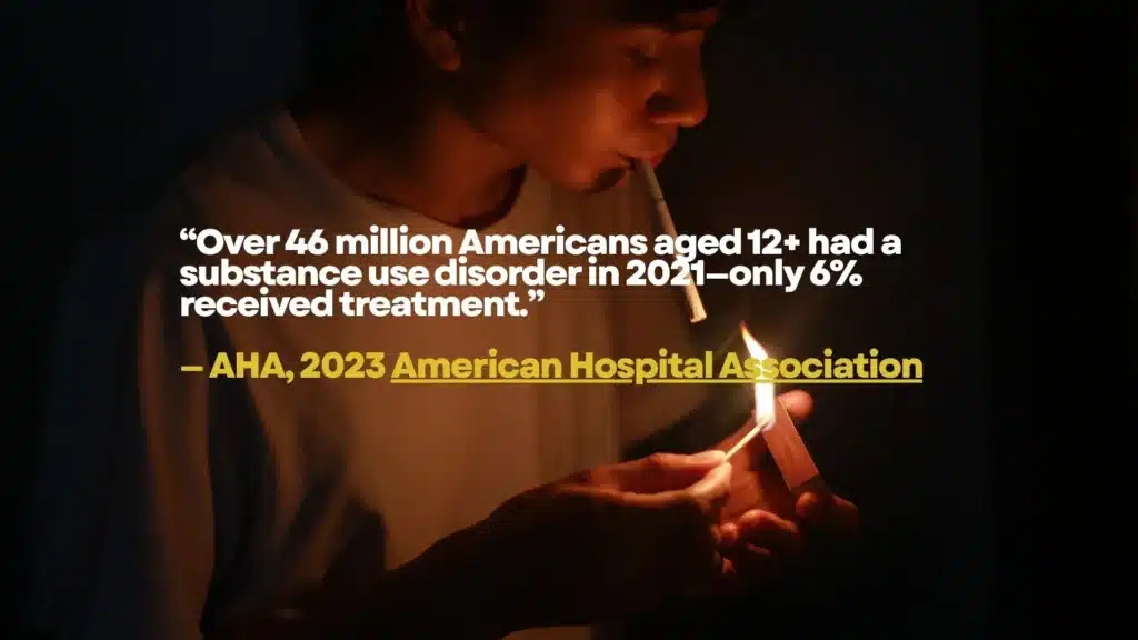 Person sitting alone looking down, overlaid with statistic about low treatment uptake for substance use disorders.