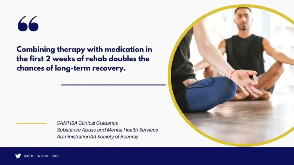 Quote graphic explaining that combining therapy and medication early in alcohol rehab doubles long-term success rates.