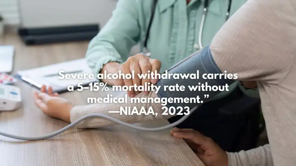 Medical professional evaluating a patient, paired with a statistic about severe alcohol withdrawal risks.