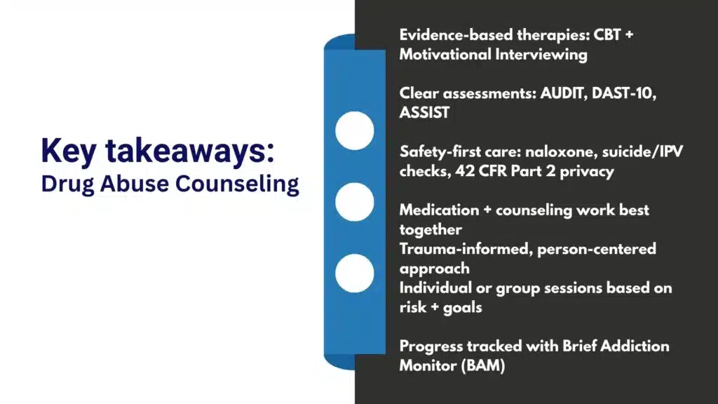Minimalist graphic summarizing the essential components of drug abuse counseling including CBT, MI, and safety planning.