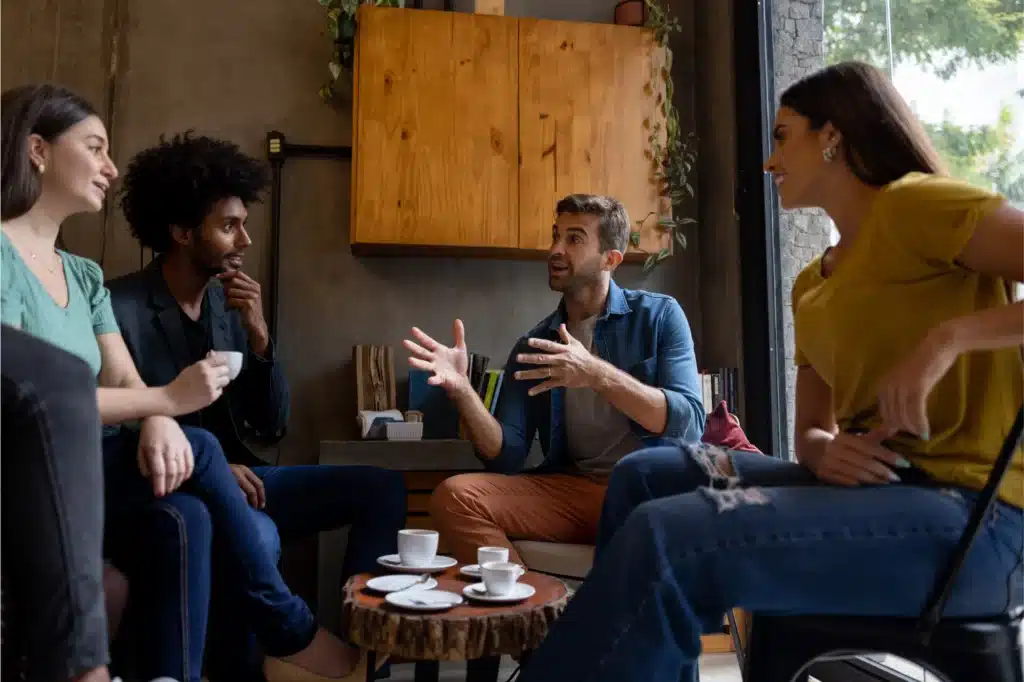 Group discussion in a cozy setting.
