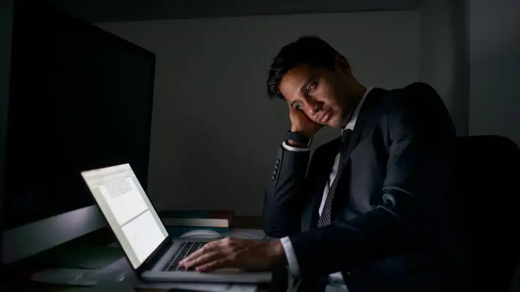 Person sitting at a kitchen table at night, showing early signs of alcohol misuse through fatigue and social withdrawal.