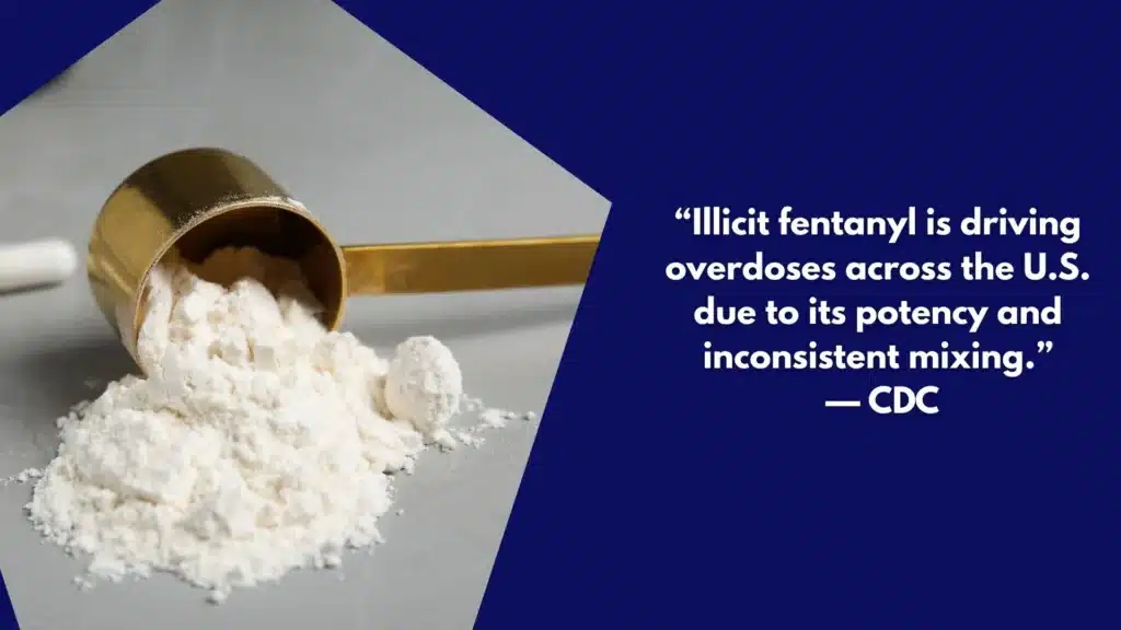 Close-up of counterfeit pills and powders representing fentanyl-laced drug risks in New Jersey.