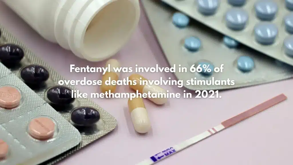 Infographic showing that fentanyl was involved in 66% of overdose deaths related to stimulants like methamphetamine in 2021.