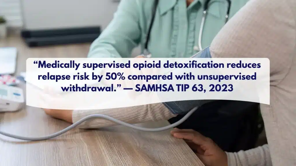 Infographic highlighting harm reduction after fentanyl detox with naloxone, test strip, and not using alone.