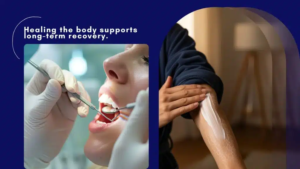 Collage showing dental care and skin healing steps for recovery from meth addiction.