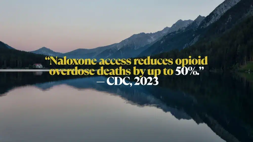 Naloxone kit shown with a statistic about reduced overdose deaths associated with naloxone access.