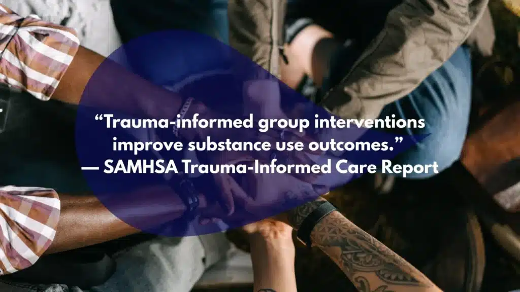Diverse peer group participating in a trauma-informed support circle in a New Jersey rehab setting.