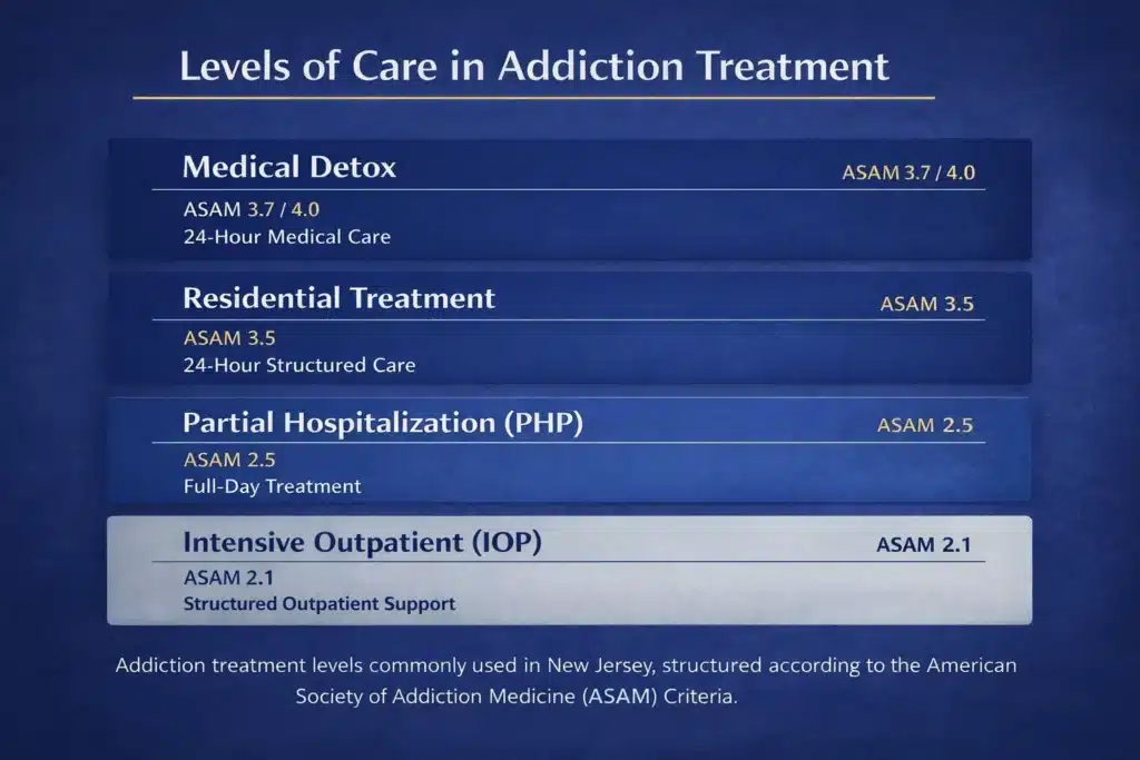 Addiction treatment levels commonly used in New Jersey, structured according to the American Society of Addiction Medicine (ASAM) Criteria.