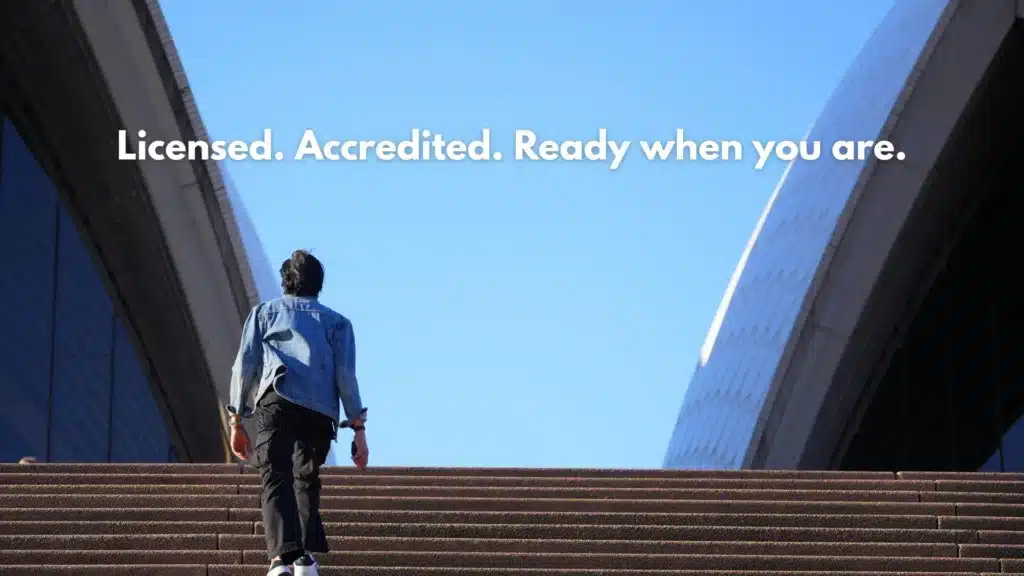 Person stepping onto a clear path with call-to-action text: ‘Licensed. Accredited. Ready when you are.’ Encourages contacting a 60 day rehab center in New Jersey.