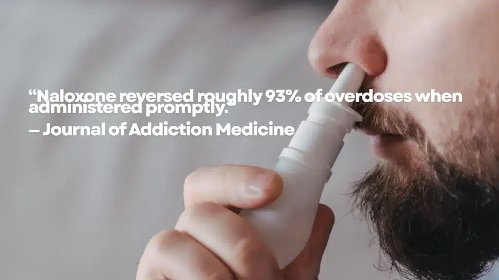 Close-up of intranasal naloxone being administered during an opioid overdose response.