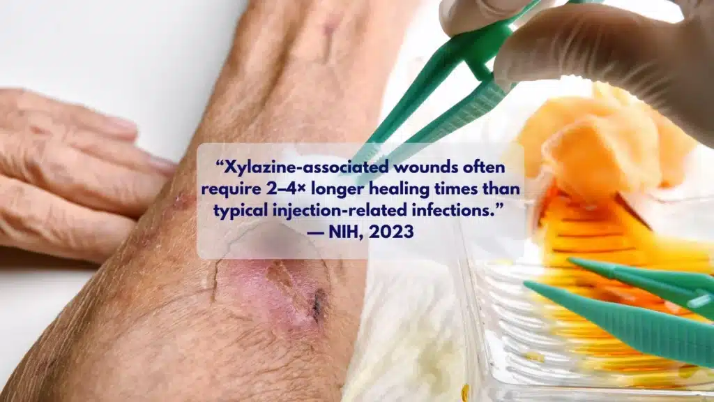 Close-up of a clinician gently cleaning a wound with saline, representing basic xylazine wound-care steps.