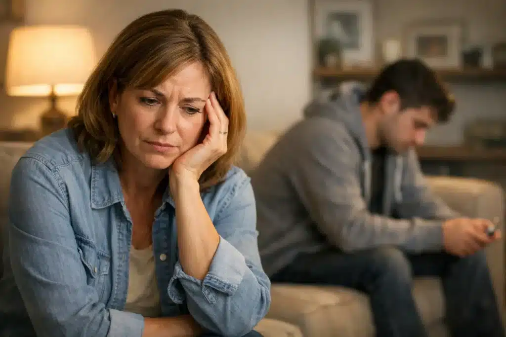 Concerned family member noticing emotional distance and behavior changes in a loved one who may be hiding substance use.