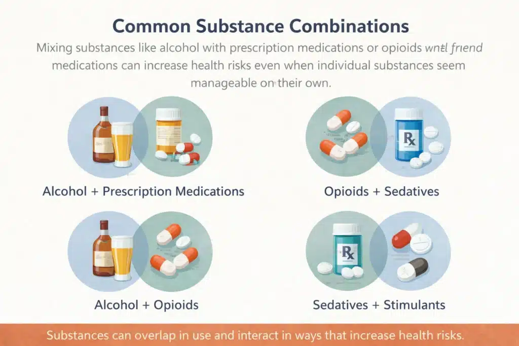 Illustration showing how combining alcohol, prescription medications, and other drugs can increase health risks.