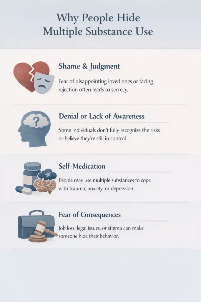Infographic titled “Why People Hide Multiple Substance Use,” showing four key reasons: shame and judgment, denial or lack of awareness, self-medication, and fear of consequences, each with an icon and brief description.
