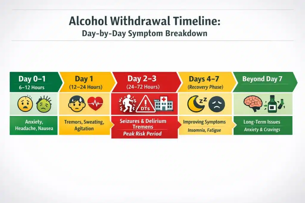 Alcohol withdrawal timeline infographic showing symptom progression from Day 0 to beyond Day 7, including anxiety, tremors, seizures, and delirium tremens.