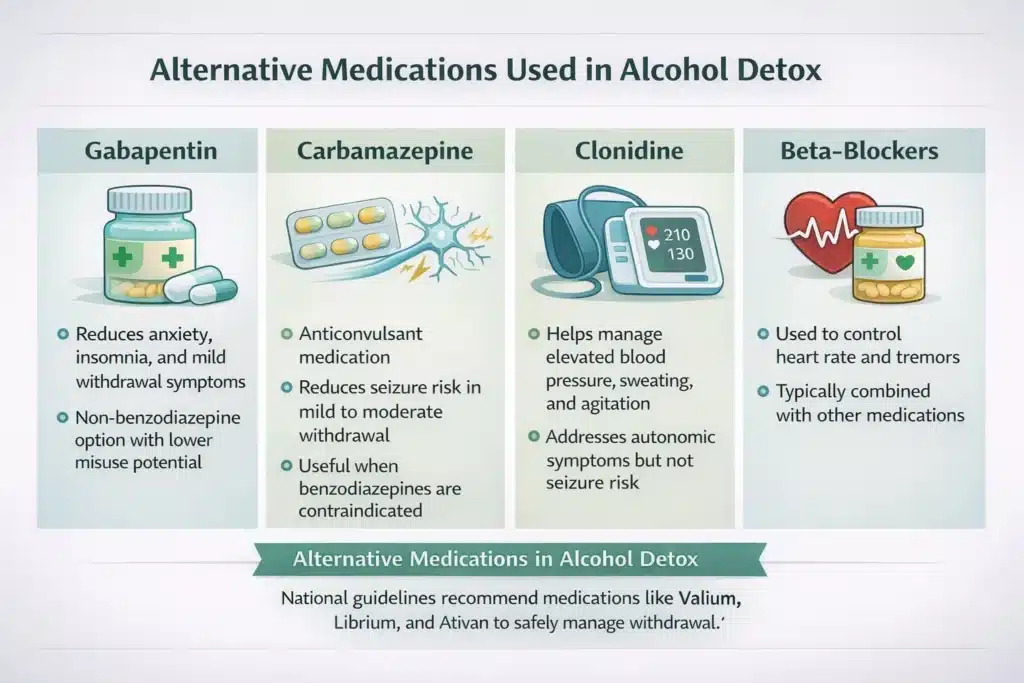 Infographic showing alternative medications for alcohol detox: gabapentin, carbamazepine, clonidine, and beta-blockers with brief descriptions and clinical icons.