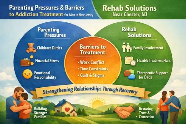 Infographic showing how parenting responsibilities can delay addiction treatment for men, and how New Jersey rehab programs offer solutions through family-inclusive care and support strategies.