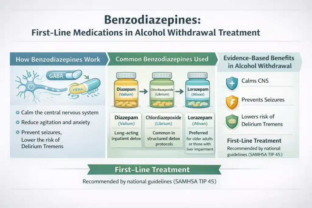 Infographic showing how benzodiazepines like Diazepam, Librium, and Ativan treat alcohol withdrawal by calming the nervous system and preventing seizures and delirium tremens.