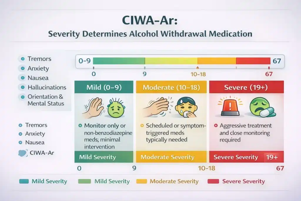 Infographic showing CIWA-Ar scoring system for alcohol withdrawal severity with categories: mild, moderate, and severe, and related medication guidance.