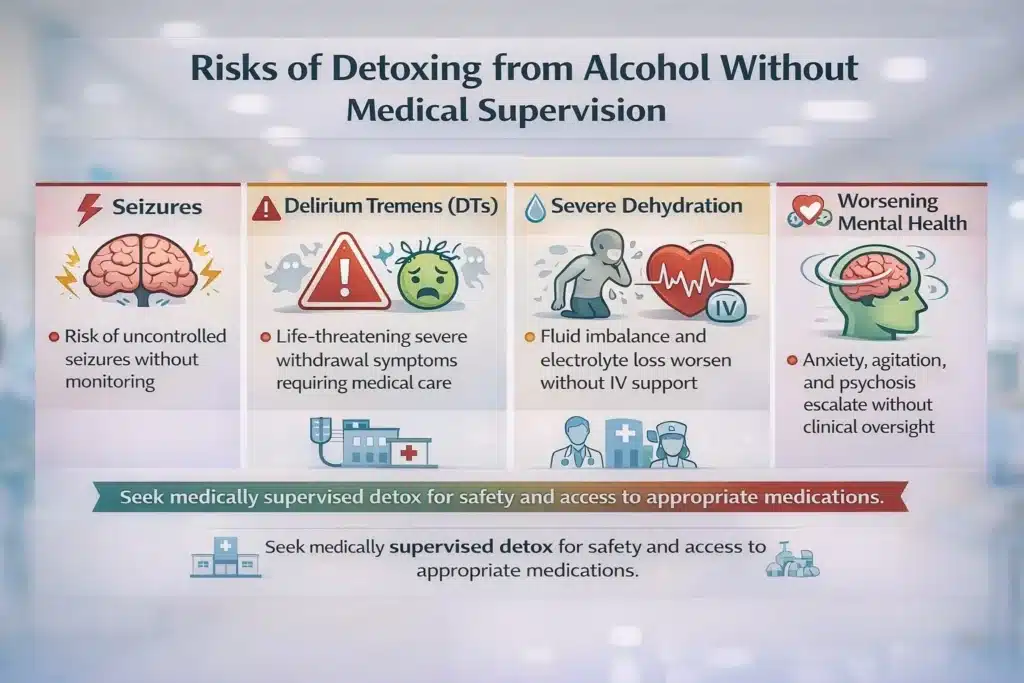 Infographic showing medical risks of detoxing from alcohol without supervision including seizures, delirium tremens, dehydration, cardiac complications, and mental health issues.