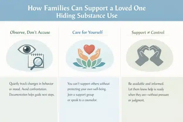 Horizontal infographic titled “How Families Can Support a Loved One Hiding Substance Use” with three sections: observe without accusing, practice self-care, and offer support without trying to control. Each has an icon and short description.