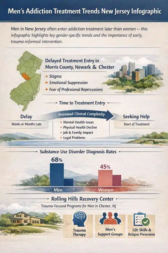 Timeline and infographic showing gender-based differences in inpatient addiction treatment across New Jersey, with a focus on men’s delayed entry into care and the services offered by Rolling Hills Recovery Center.