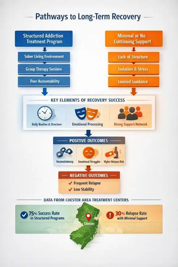 Infographic flowchart highlighting how structured rehab programs and aftercare support long-term recovery for men in New Jersey, with peer support and routine as key factors.