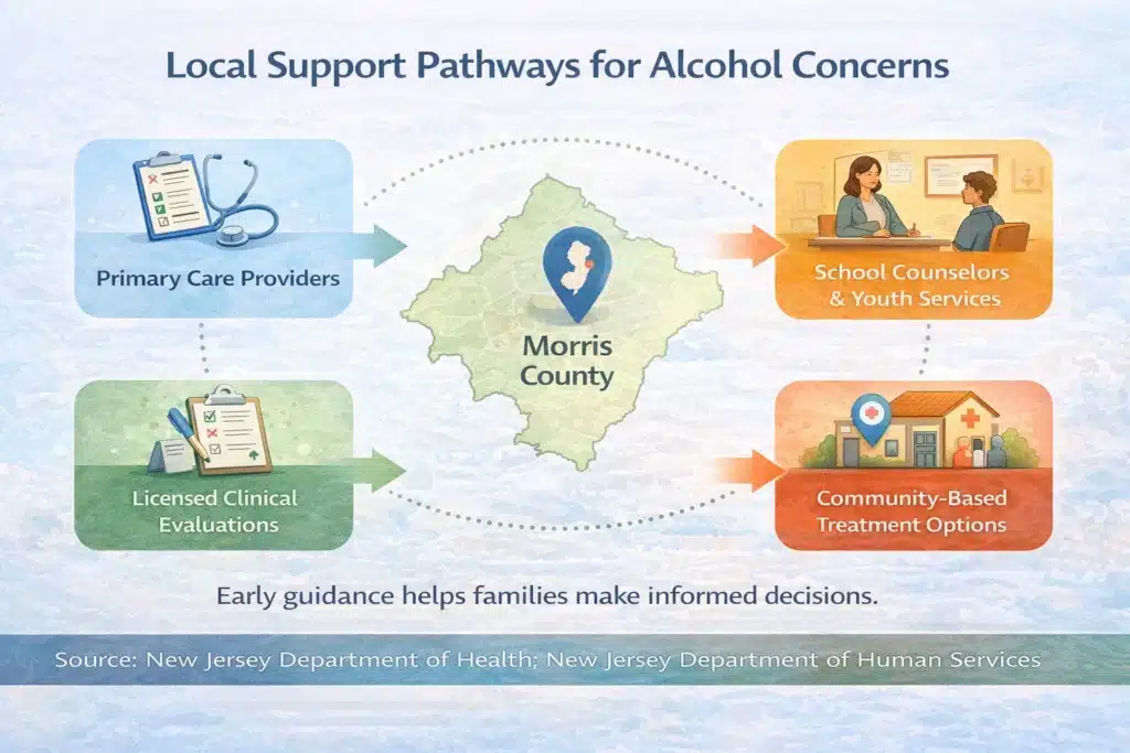 Infographic titled “Local Support Pathways for Alcohol Concerns” centered on Morris County, NJ, showing help options: primary care providers, licensed clinical evaluations, school counselors and youth services, and community-based treatment options.