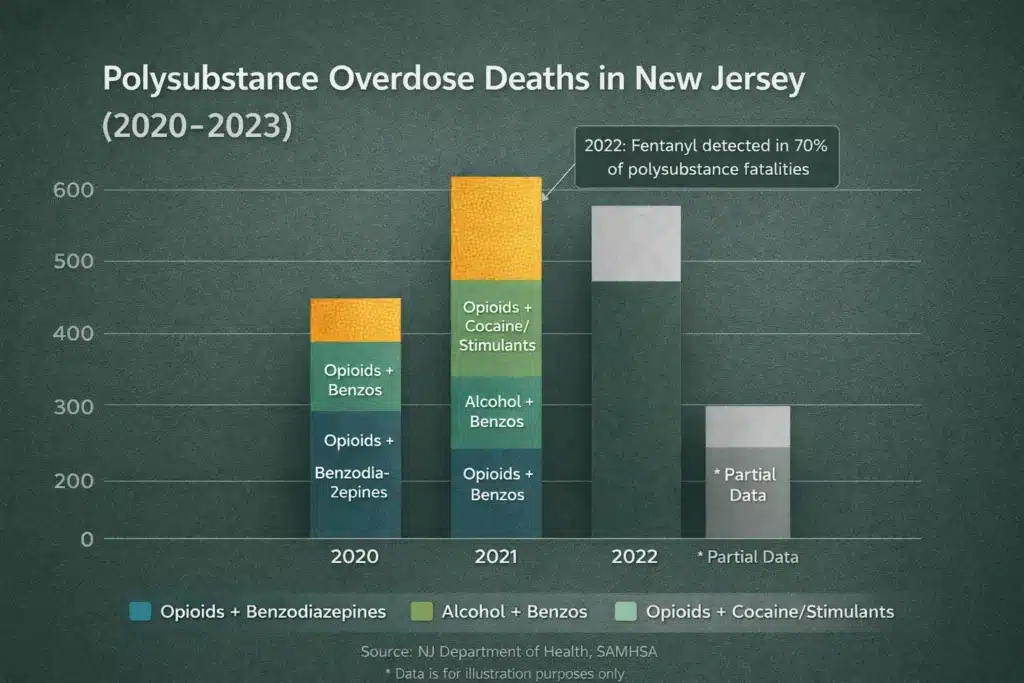 Infographic listing common signs of polysubstance abuse, including dramatic mood swings, physical changes, cognitive decline, social isolation, and high tolerance, with a stat showing 49% report memory problems or cognitive decline according to NIDA 2023.