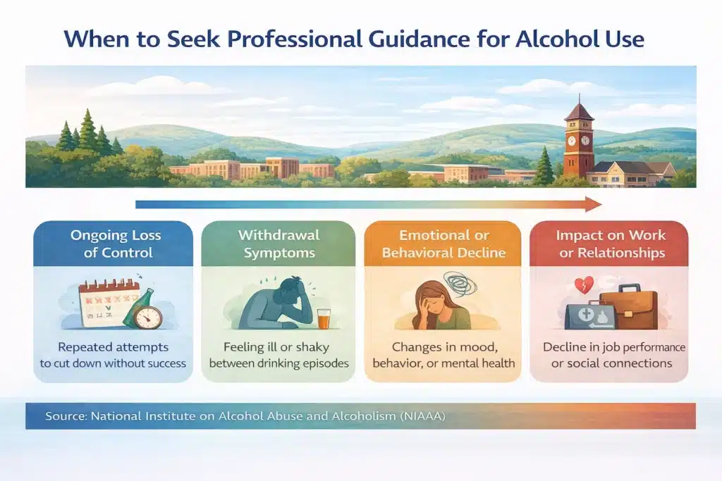 Infographic titled “When to Seek Professional Guidance for Alcohol Use” showing four warning signs: ongoing loss of control, withdrawal symptoms, emotional or behavioral decline, and impact on work or relationships.