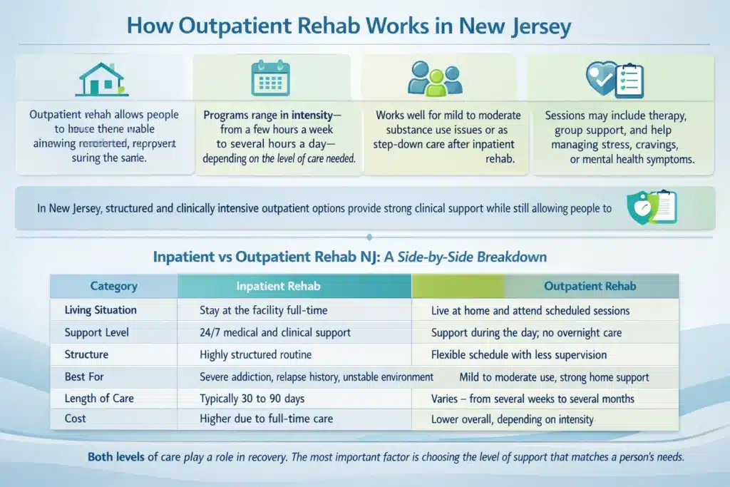 Infographic showing what inpatient drug rehab in New Jersey involves, including 24/7 care, structured schedules, therapy, and mental health support.