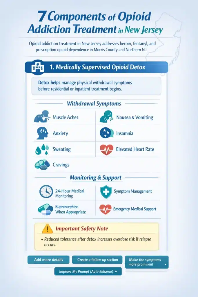 Infographic explaining medically supervised opioid detox in New Jersey, including withdrawal symptoms, 24-hour monitoring, medication management, and overdose risk after reduced tolerance.