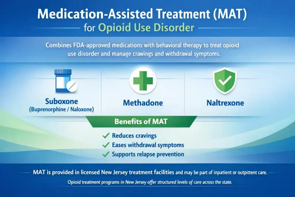 Infographic explaining Medication-Assisted Treatment (MAT) for opioid use disorder, listing Suboxone, Methadone, and Naltrexone, and showing benefits such as reducing cravings, easing withdrawal symptoms, and supporting relapse prevention in New Jersey treatment facilities.