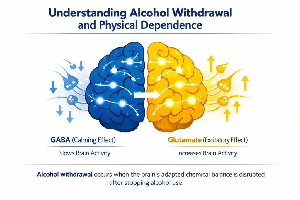Diagram showing how alcohol affects brain chemistry by increasing GABA and suppressing glutamate, and how imbalance occurs during withdrawal