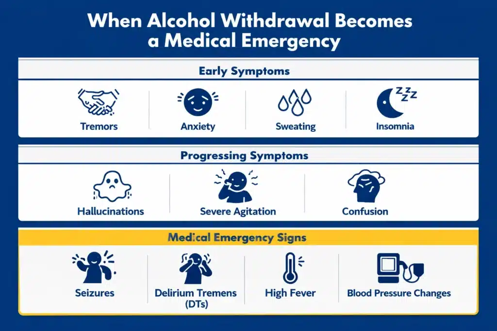 Infographic showing early and severe alcohol withdrawal symptoms, including tremors, seizures, and delirium tremens