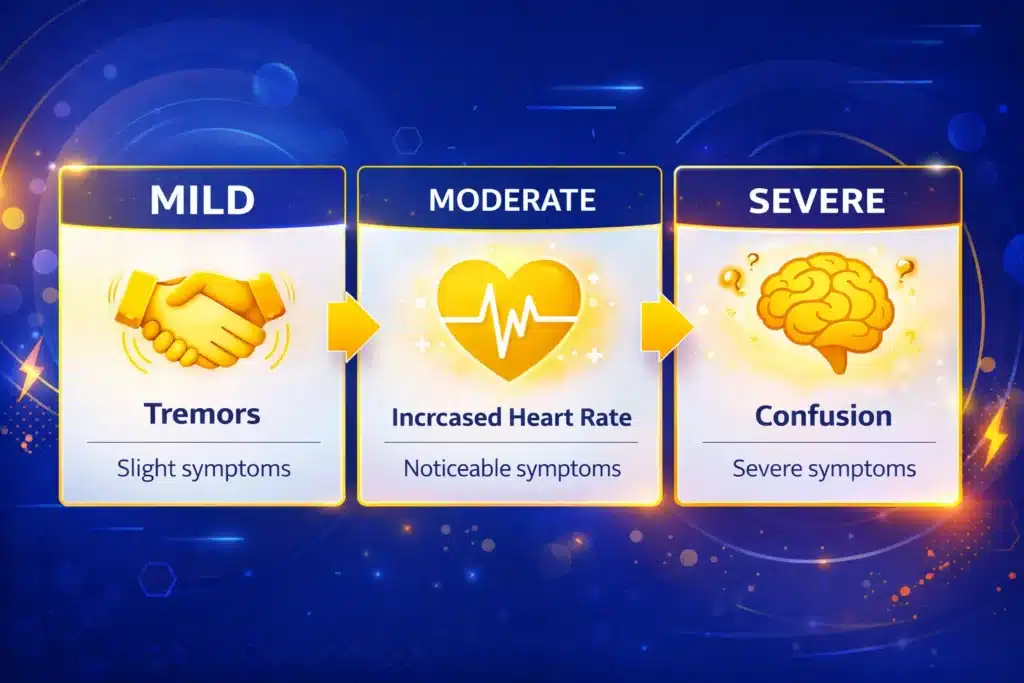 Alcohol withdrawal symptoms progression chart showing mild, moderate, and severe stages with key physical and neurological signs