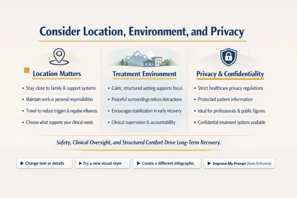 Infographic explaining how location, treatment environment, and privacy impact the addiction recovery experience, featuring structured design elements in navy and gold.