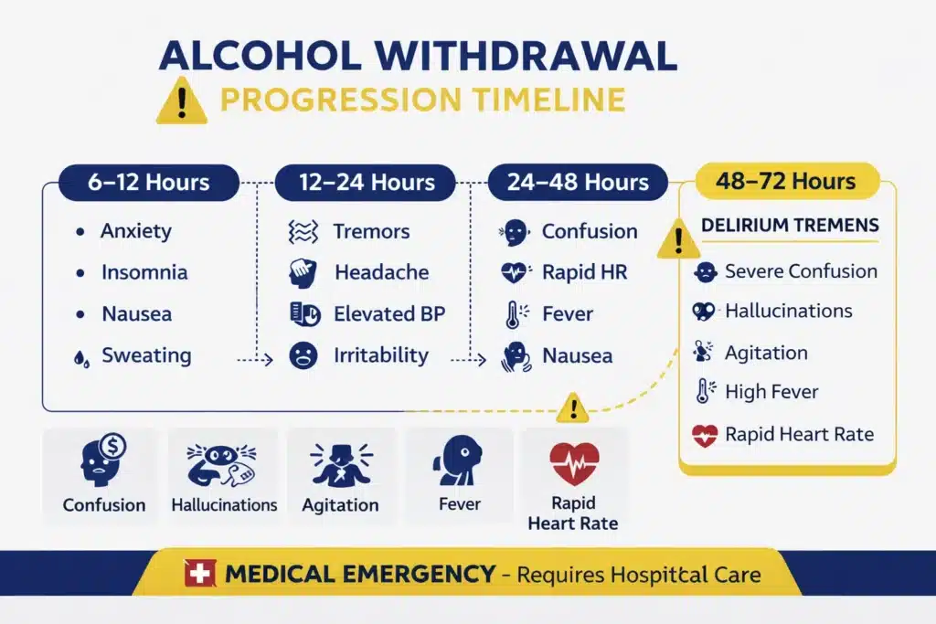 Illustration showing delirium tremens timeline and symptoms, including confusion, hallucinations, fever, and rapid heart rate during severe alcohol withdrawal