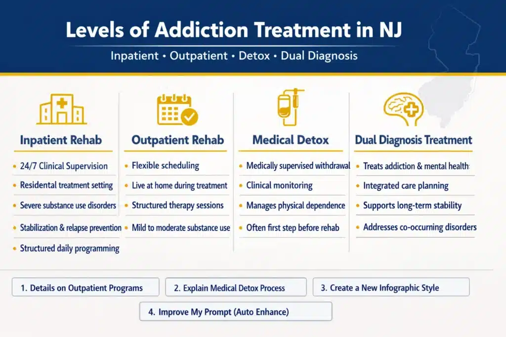 Infographic showing levels of addiction treatment in New Jersey including inpatient rehab, outpatient programs, medical detox, and dual diagnosis treatment options.