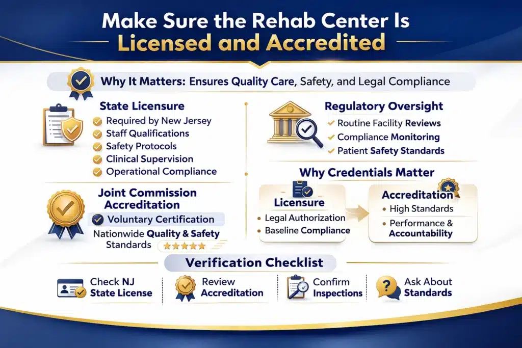 Infographic explaining the importance of choosing a licensed and accredited rehab center in New Jersey
